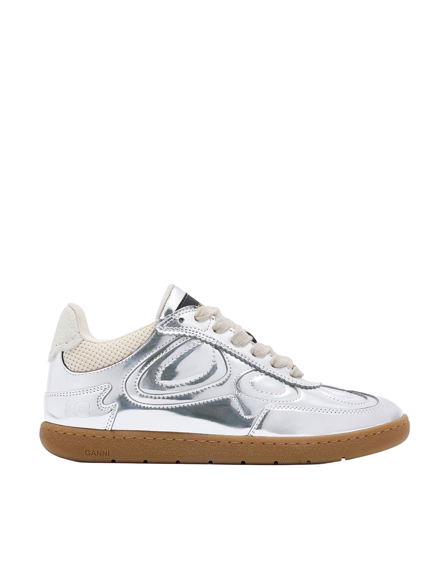 White and silver sneaker with brown sole on a white background