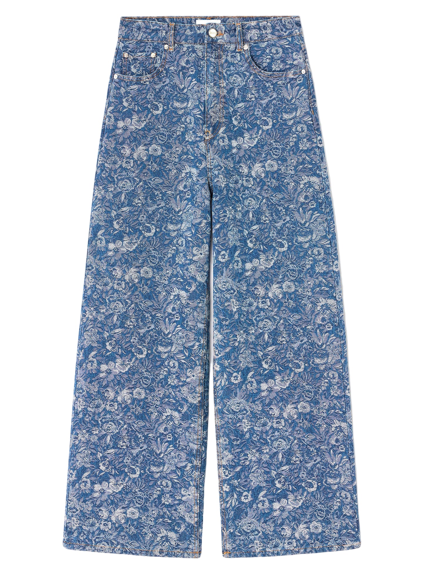 Blue floral-patterned pants on a white background