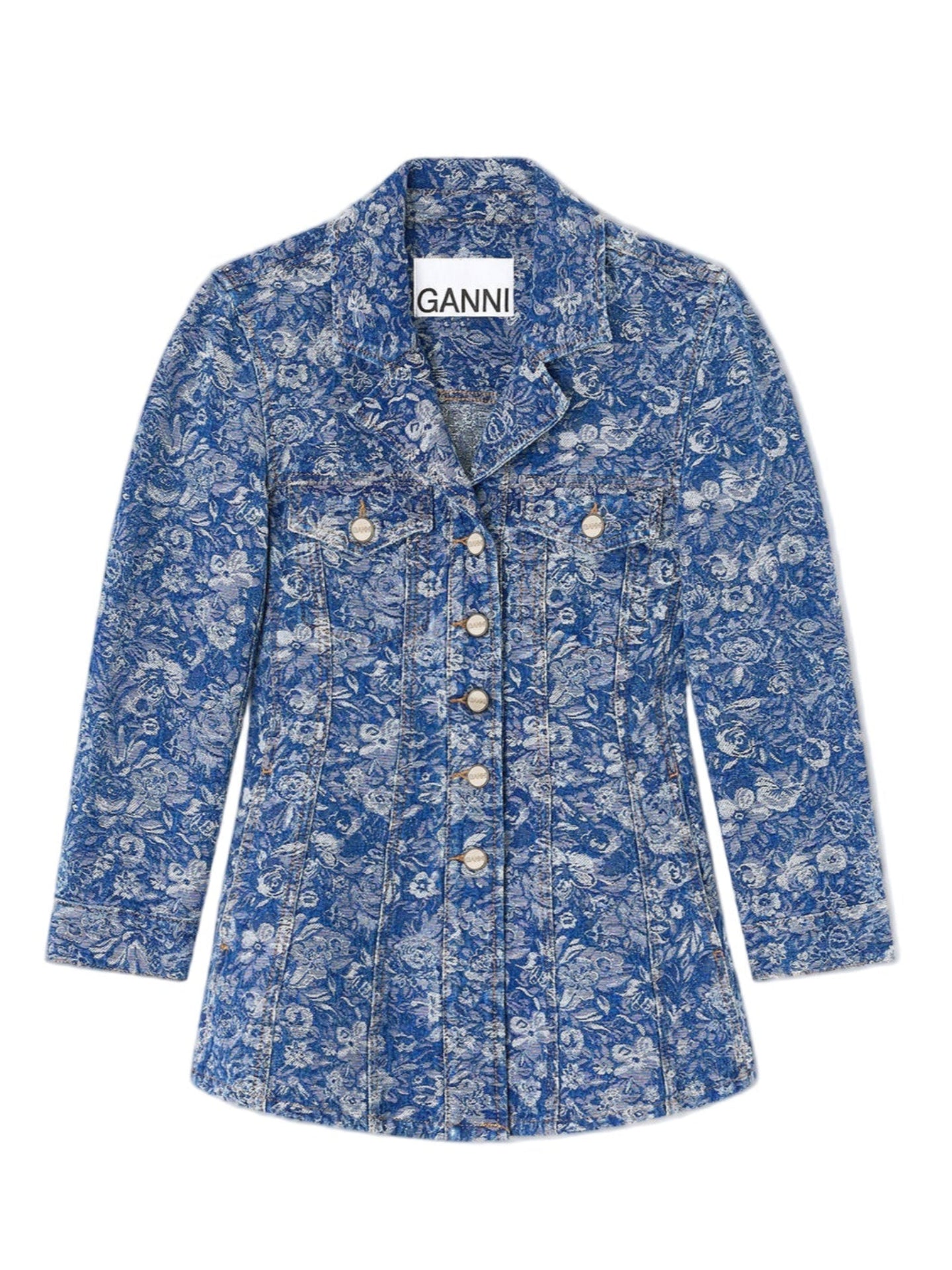 Blue floral patterned shirt with 'Ganni' branding on a white background
