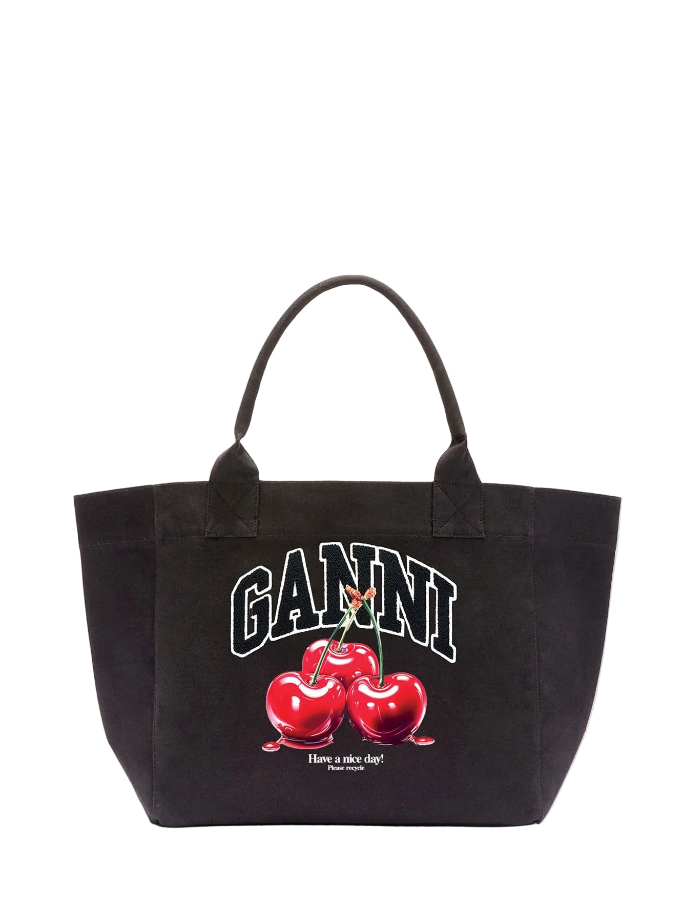 Black tote bag with cherry design and 'Ganni' branding on a white background