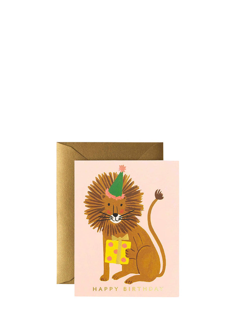 Birthday card with a lion wearing a party hat and gift box on a white background
