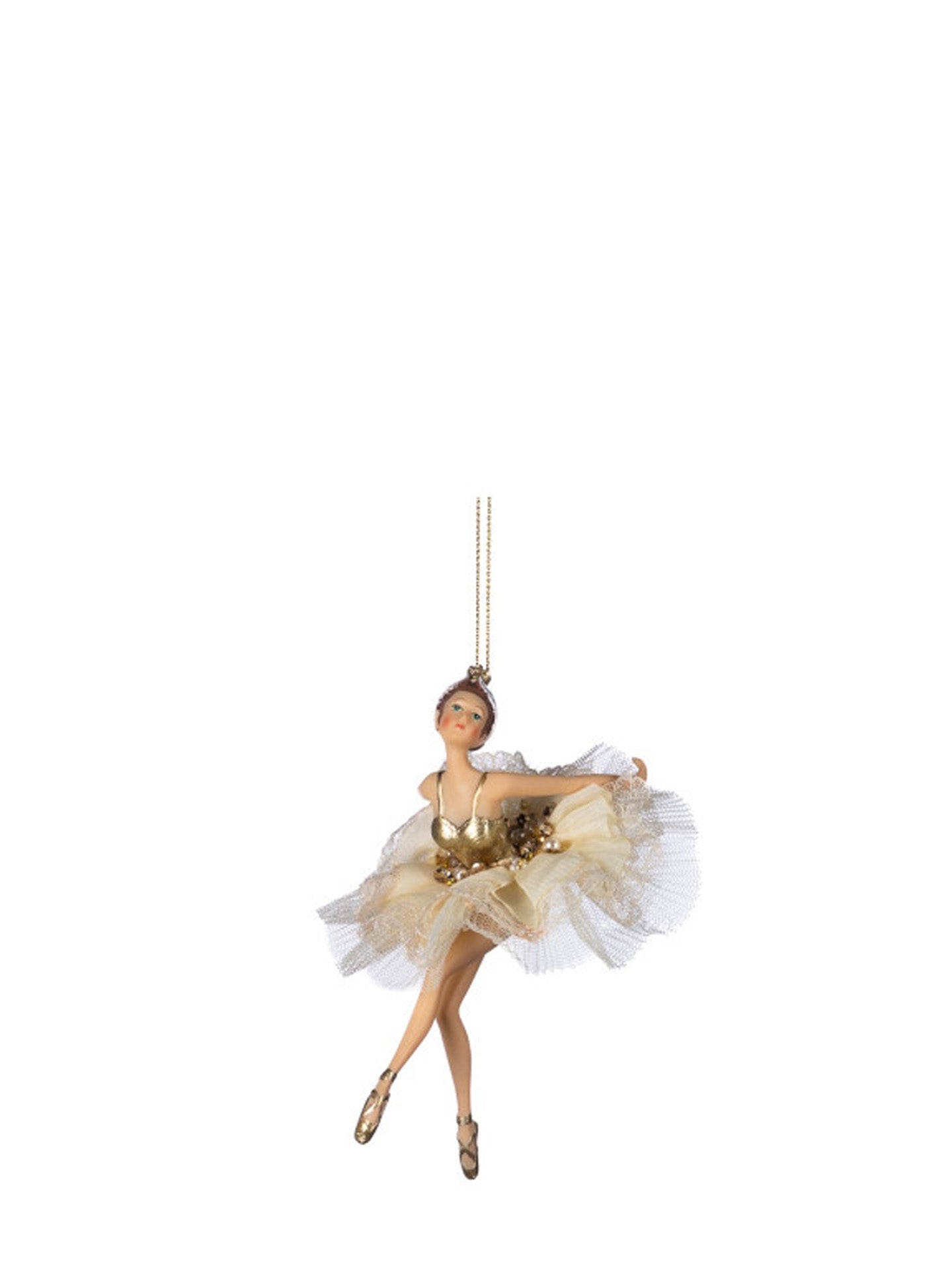 Gold pearl ballerina ornament, in leap