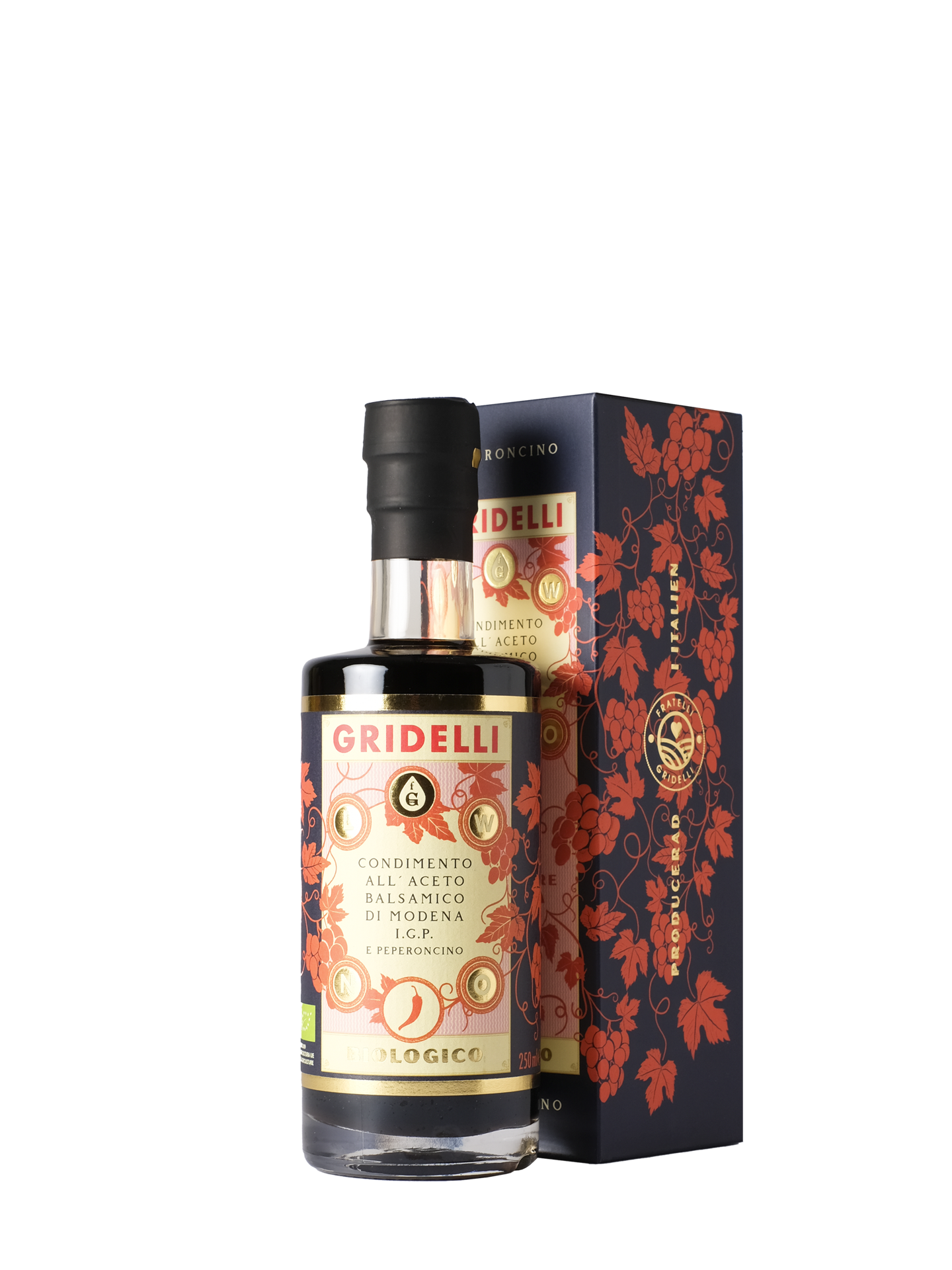 Gridelli balsamic vinegar bottle with decorative box on a white background