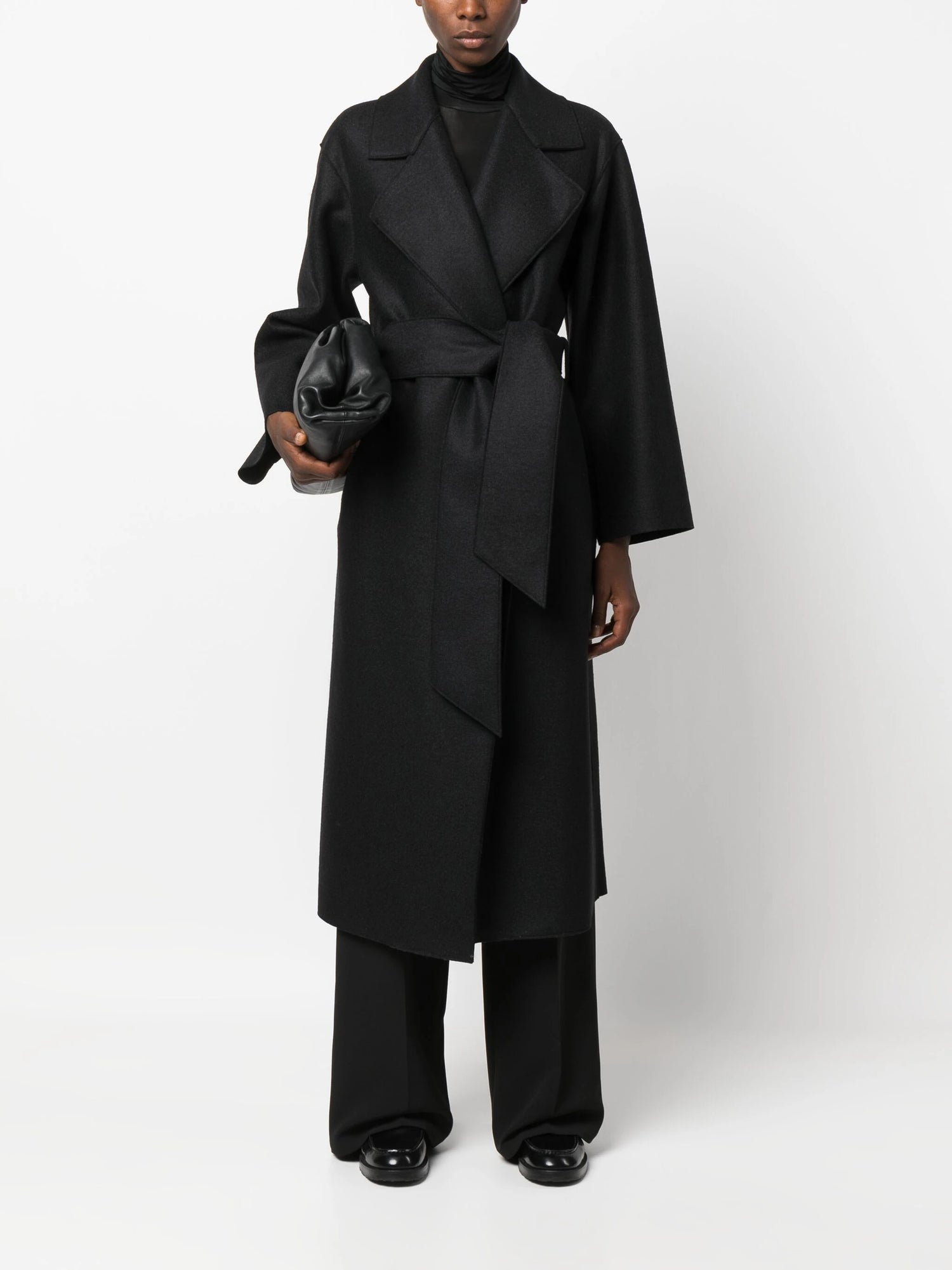 Belted clutch coat pressed wool black