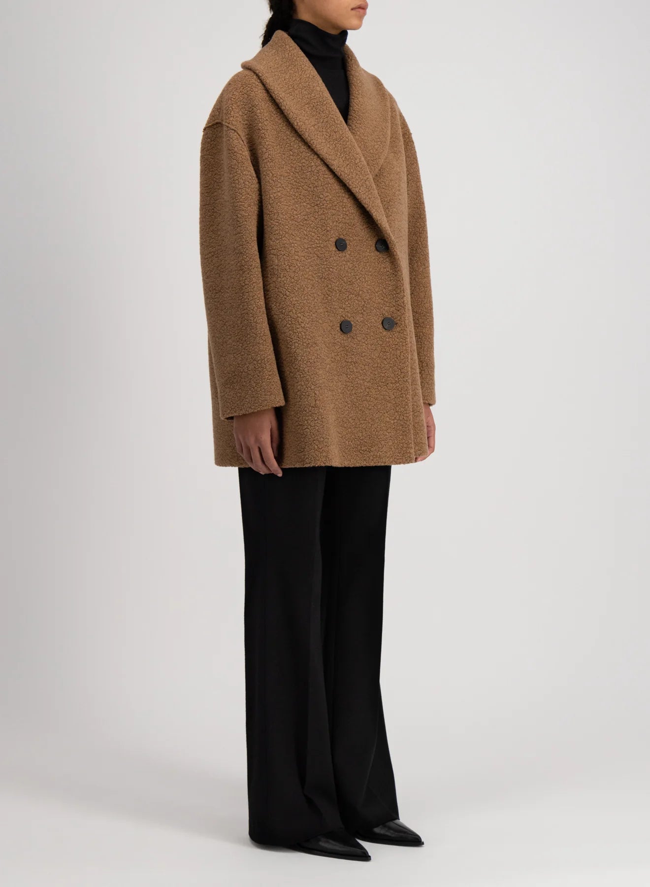 Shawl collar bouclé coat, brown