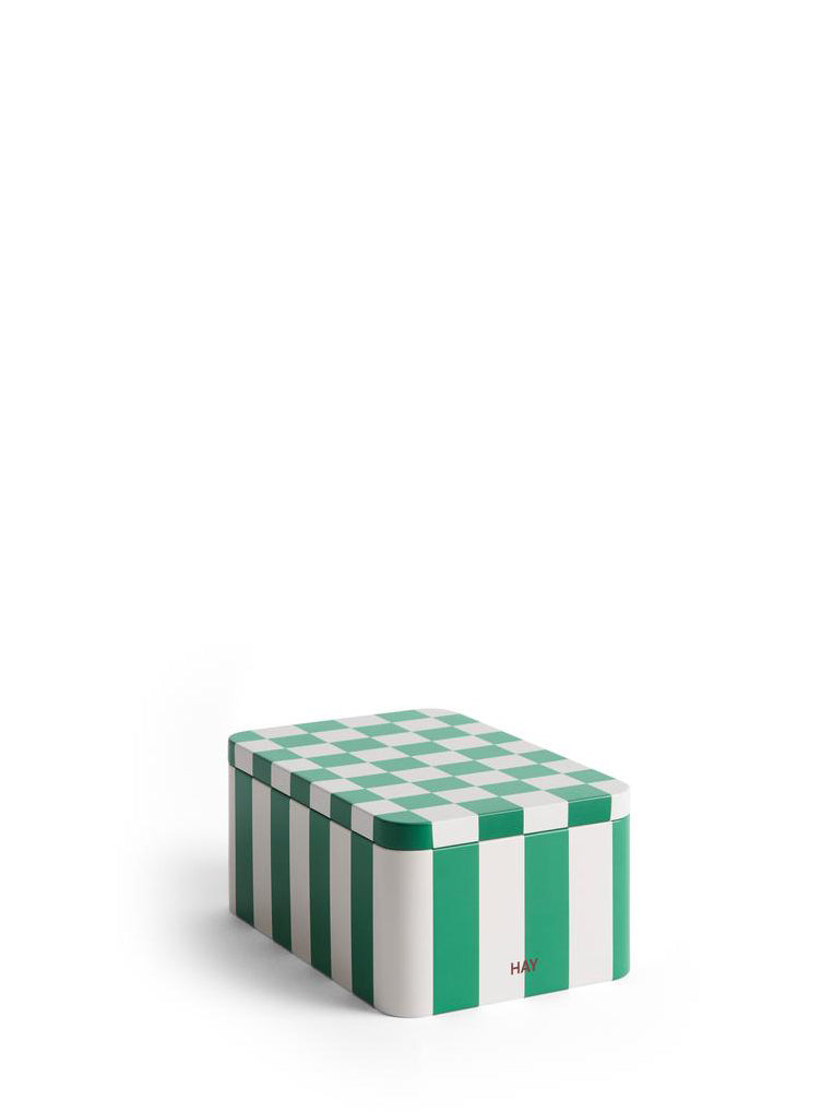 Green and white checkered box with 'H&M' branding on a white background