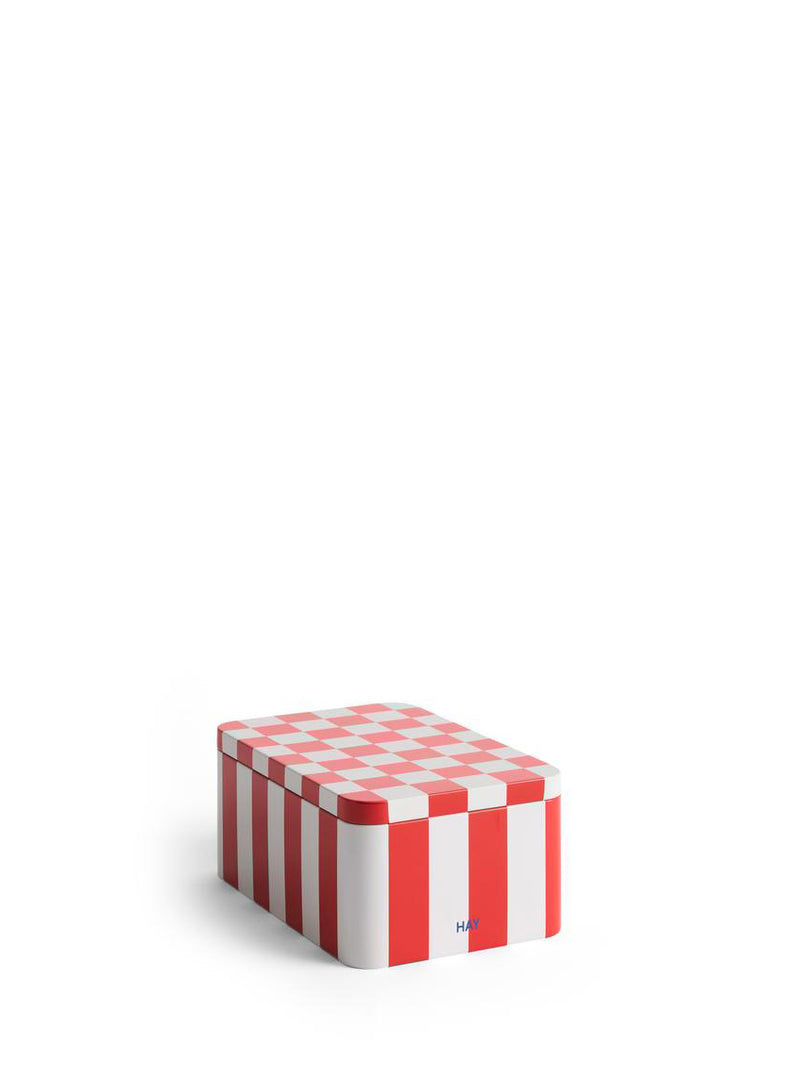 Rectangular storage box with red and white checkered pattern on a white background