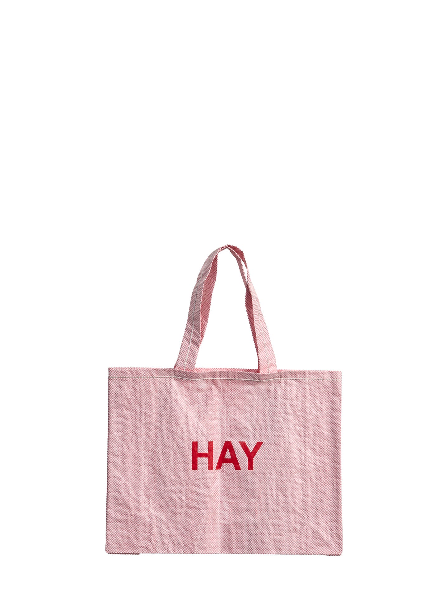 Pink tote bag with 'HAY' text on a white background