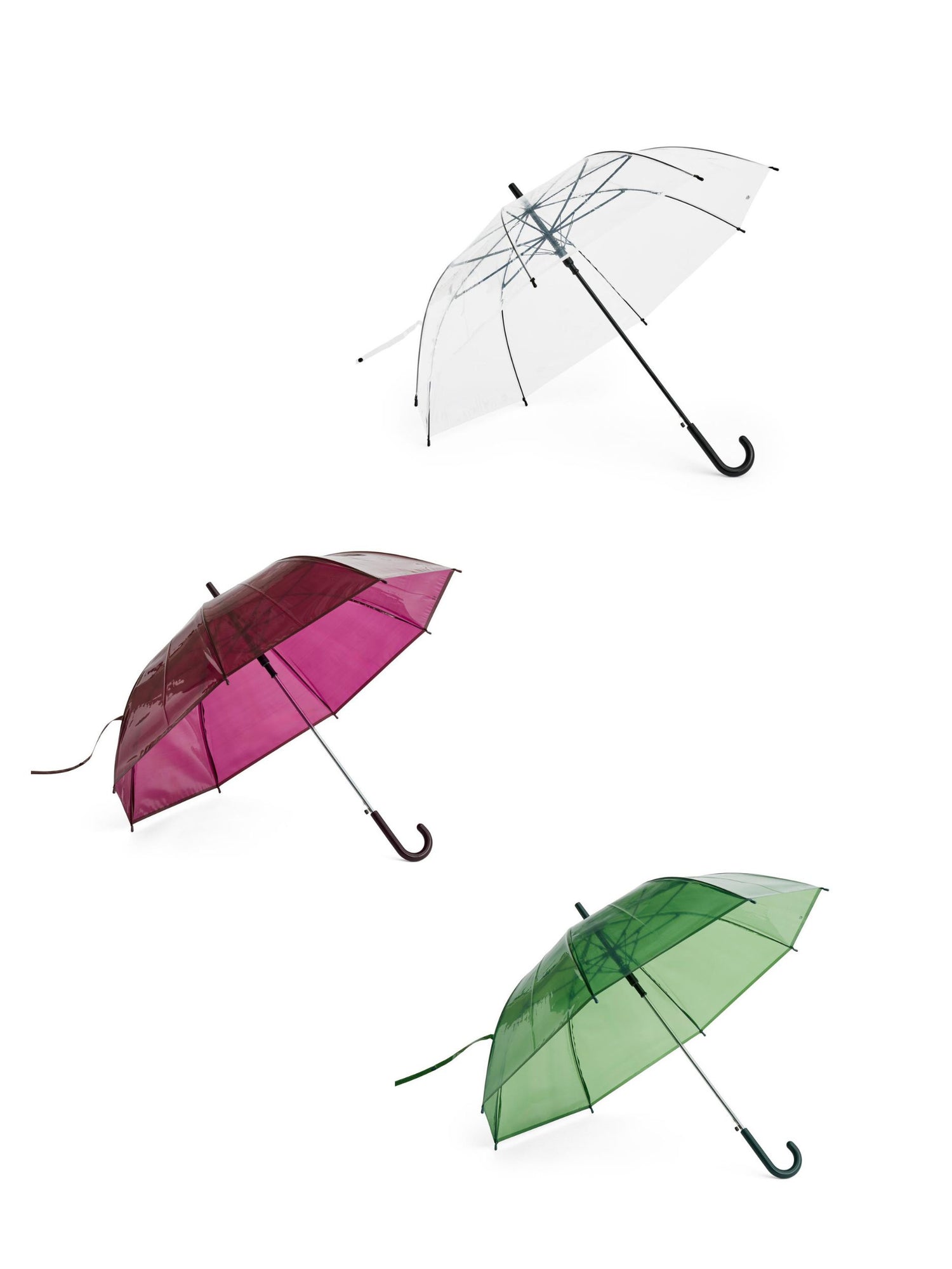 Three umbrellas in different colors (clear, pink, green) on a white background