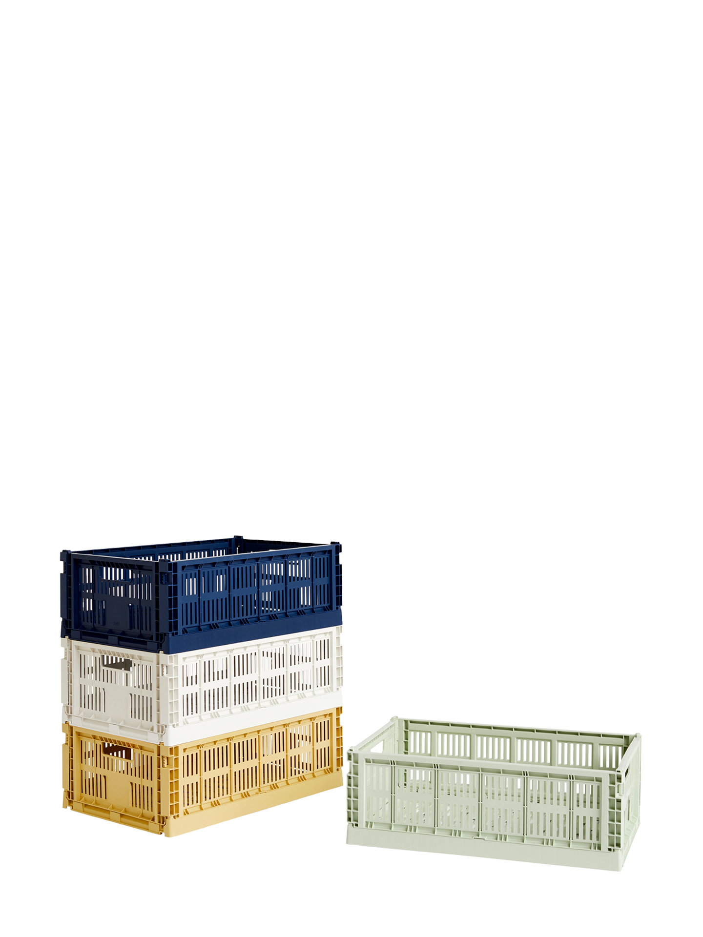 The HAY colour crate in size large come in four contemporary, stylish shades. The crate stacks superbly, either folded or fully in function and stores just about anything you can think of - neat, practical and modular.