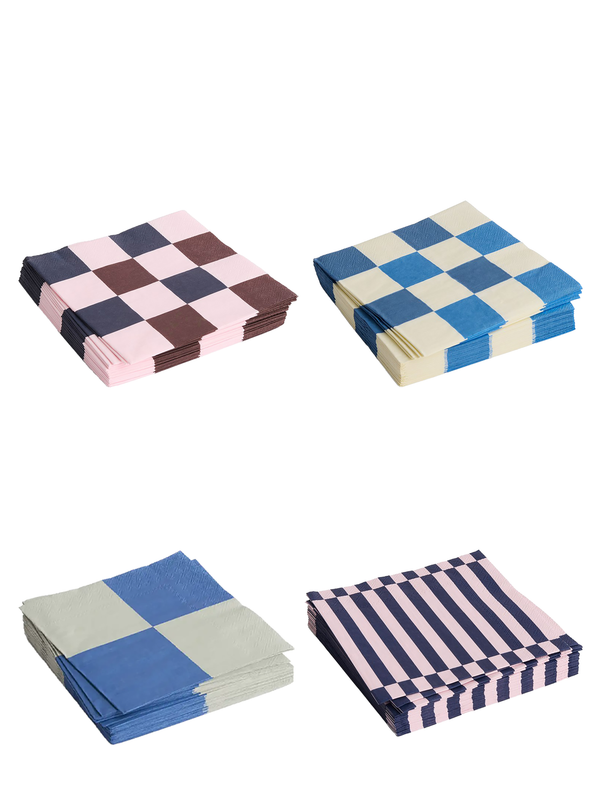 A set of four paper napkins in different patterns and colors. Top left is a two-tone checkered pattern, top right is a simple solid color, bottom left is a striped pattern, and bottom right is a geometric pattern.