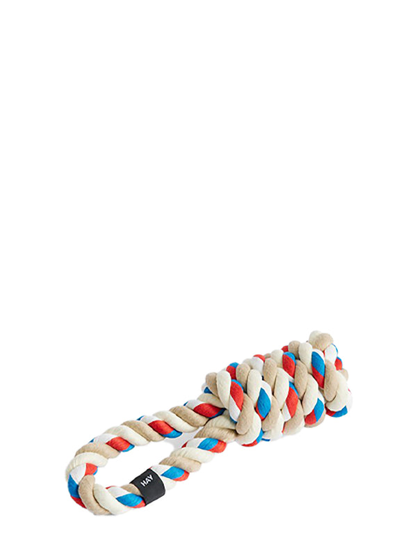 Dog toy with braided design in red, white, and blue on a white background