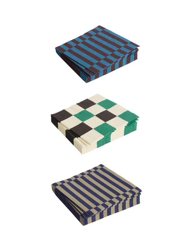 A set of colorful patterned paper napkins in checkered and striped designs.