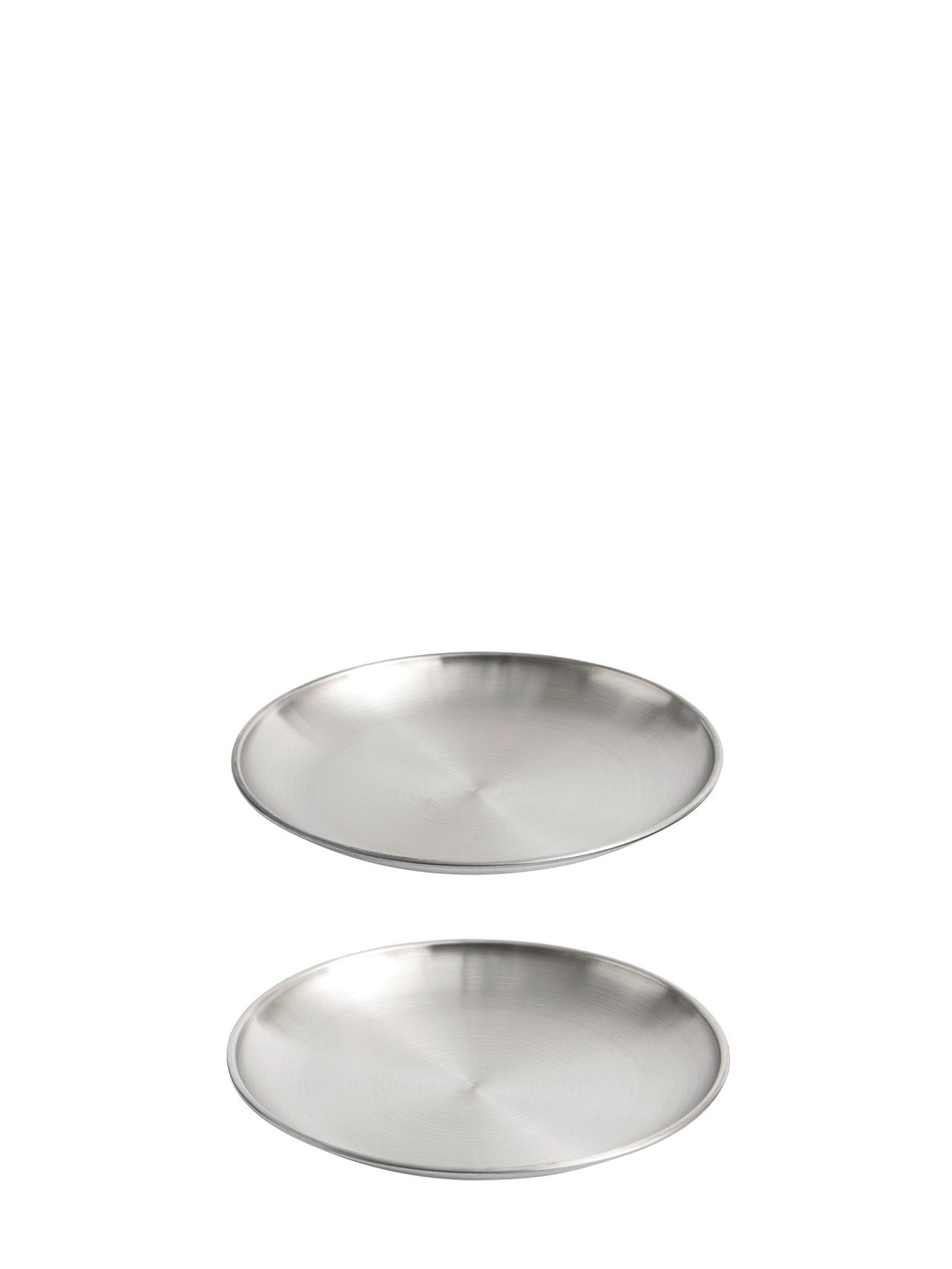 Two round brushed stainless steel shallow side plates shown on a plain white background.