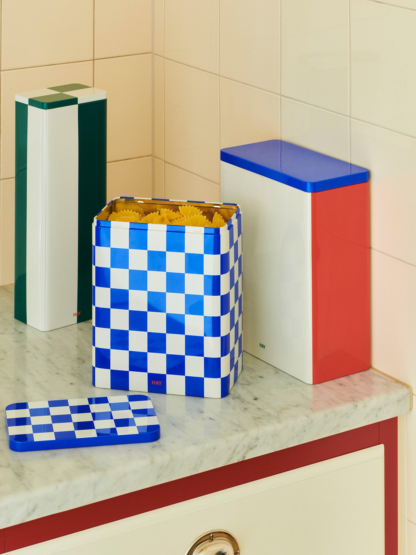 Tin L container, Blue/off-white