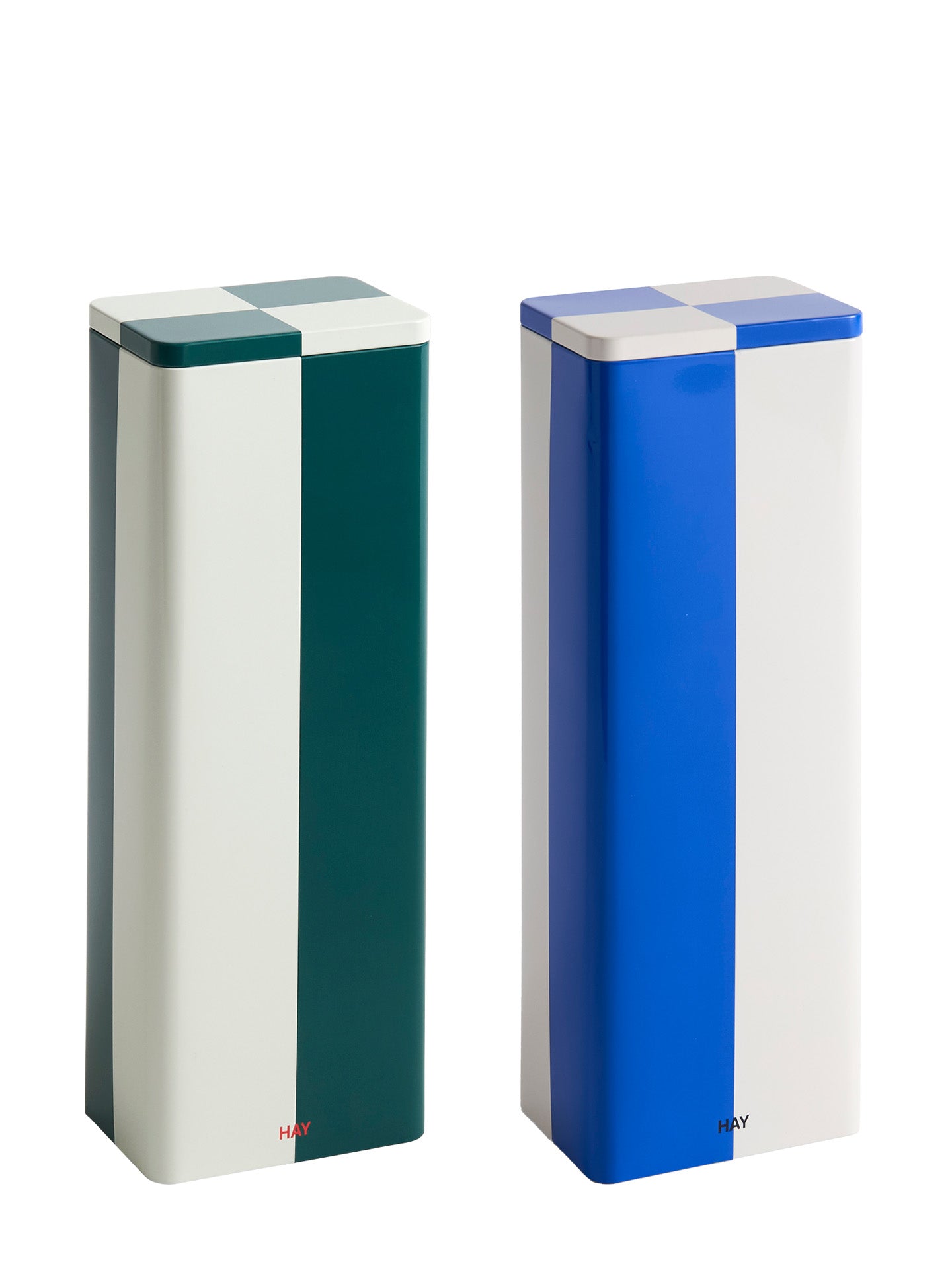 Two rectangular jars with striped design on a white background