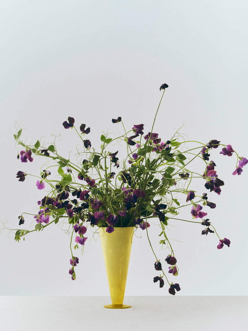Yellow vase with purple and green flowers on a white background