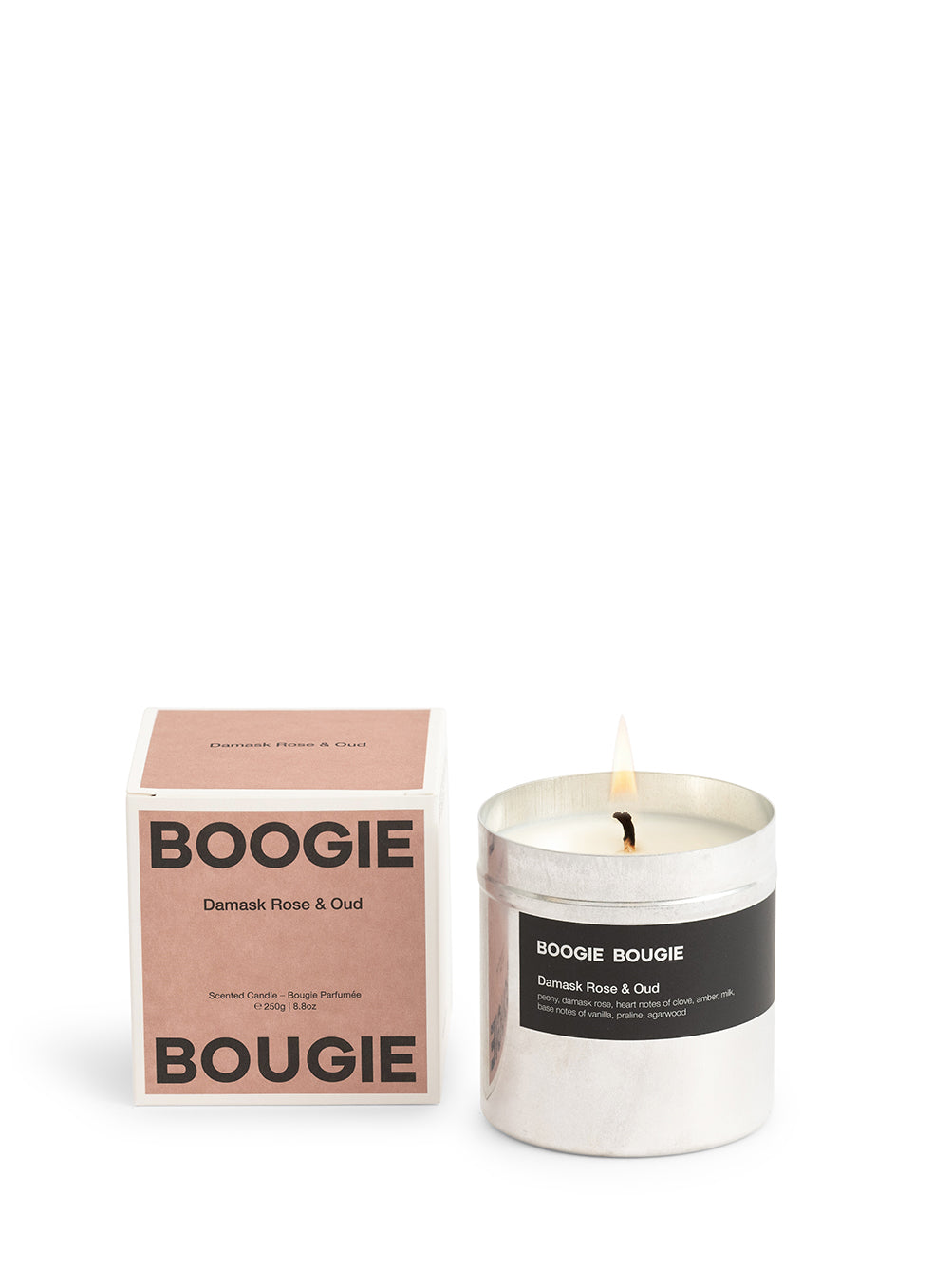 Dusty rose Boogie Bougie candle and packaging on a white background