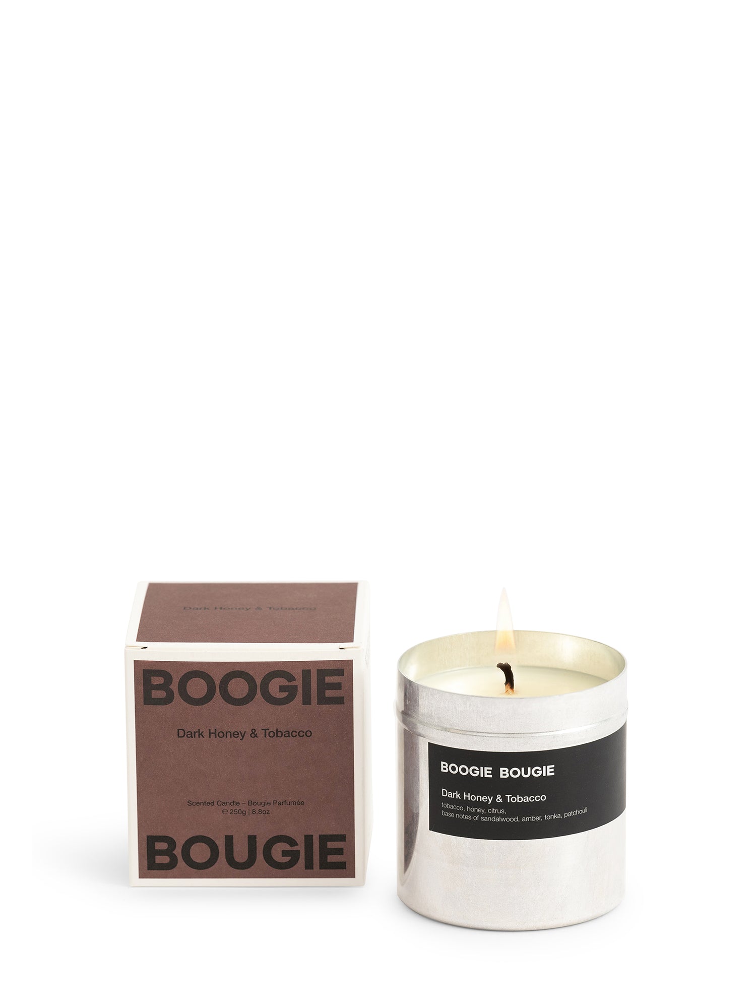 Dark brown Boogie Bougie candle and packaging on a white background