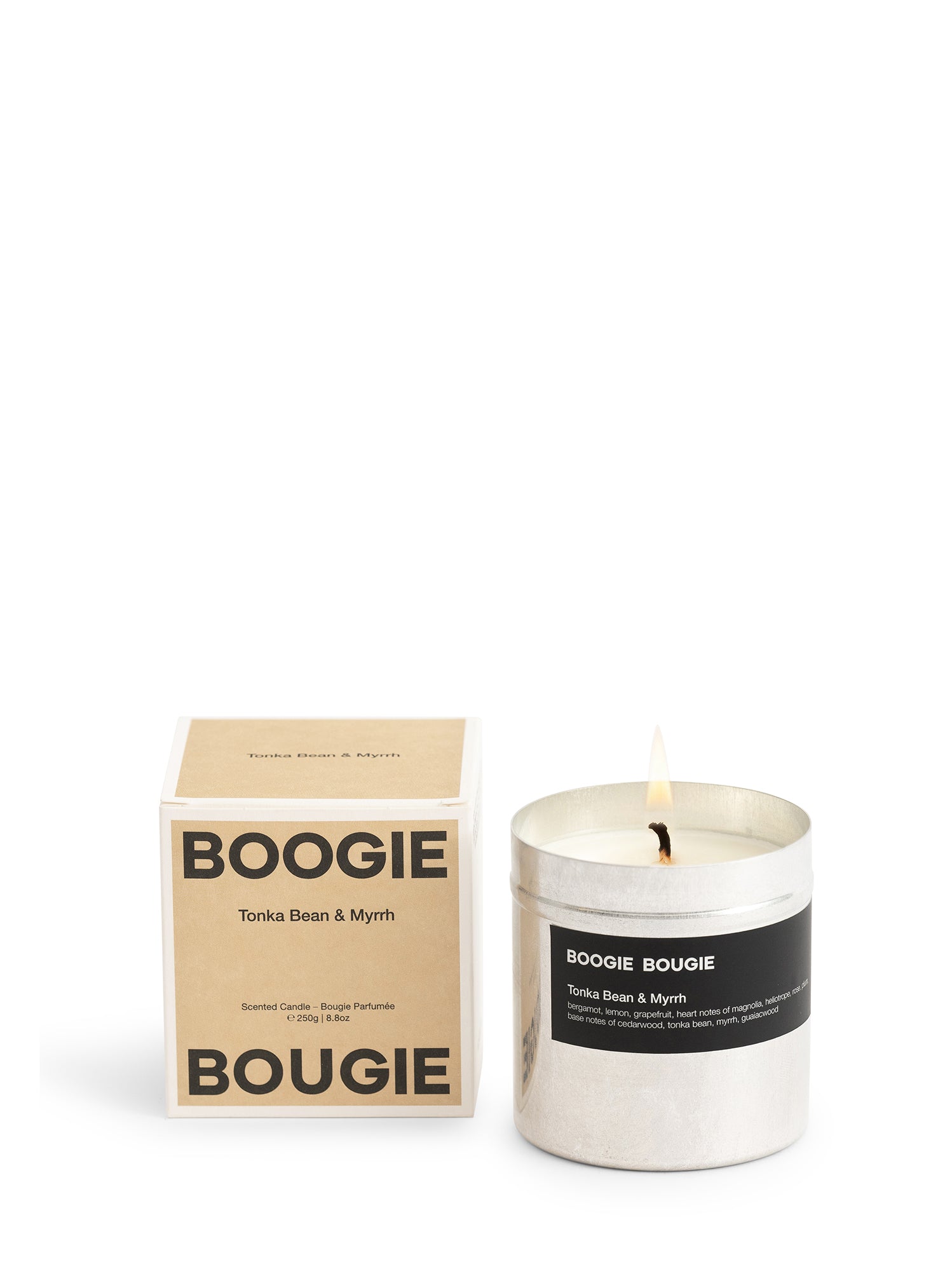 Boogie Bougie candle and packaging on a white background