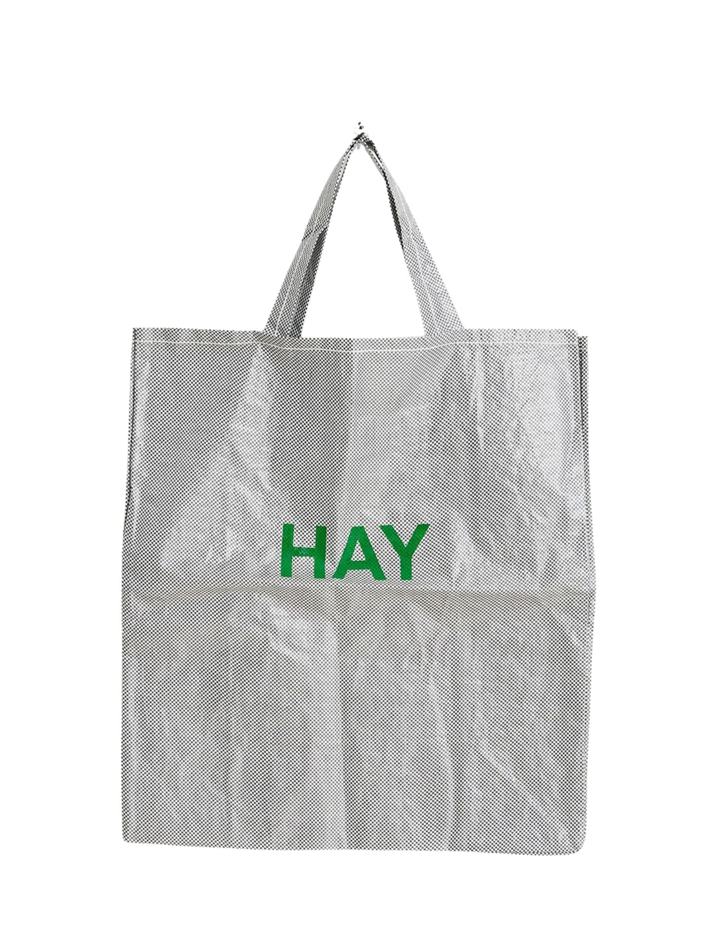 Gray tote bag with 'HAY' printed in green on a white background