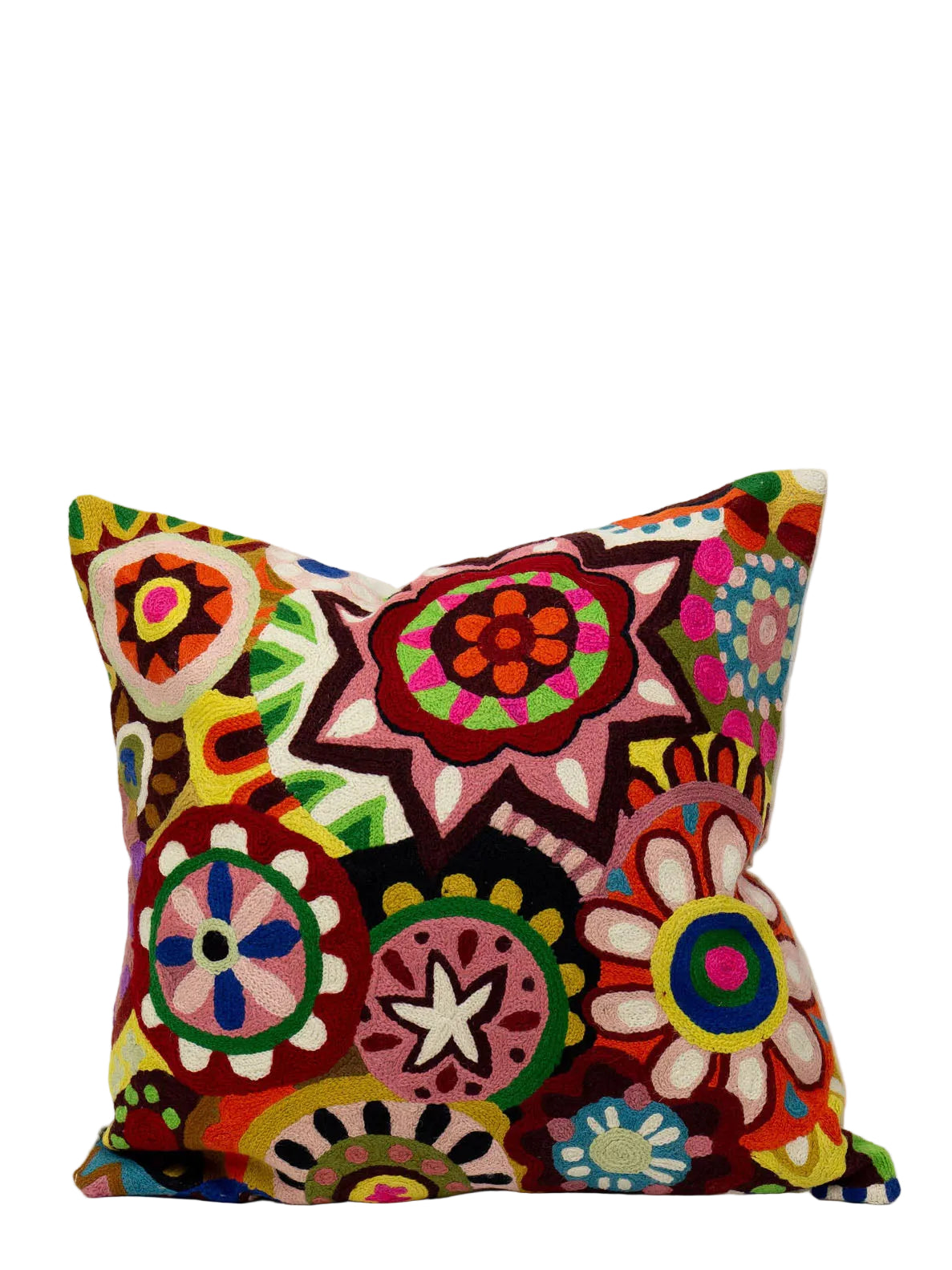 Decorative pillow with colorful floral pattern on a white background