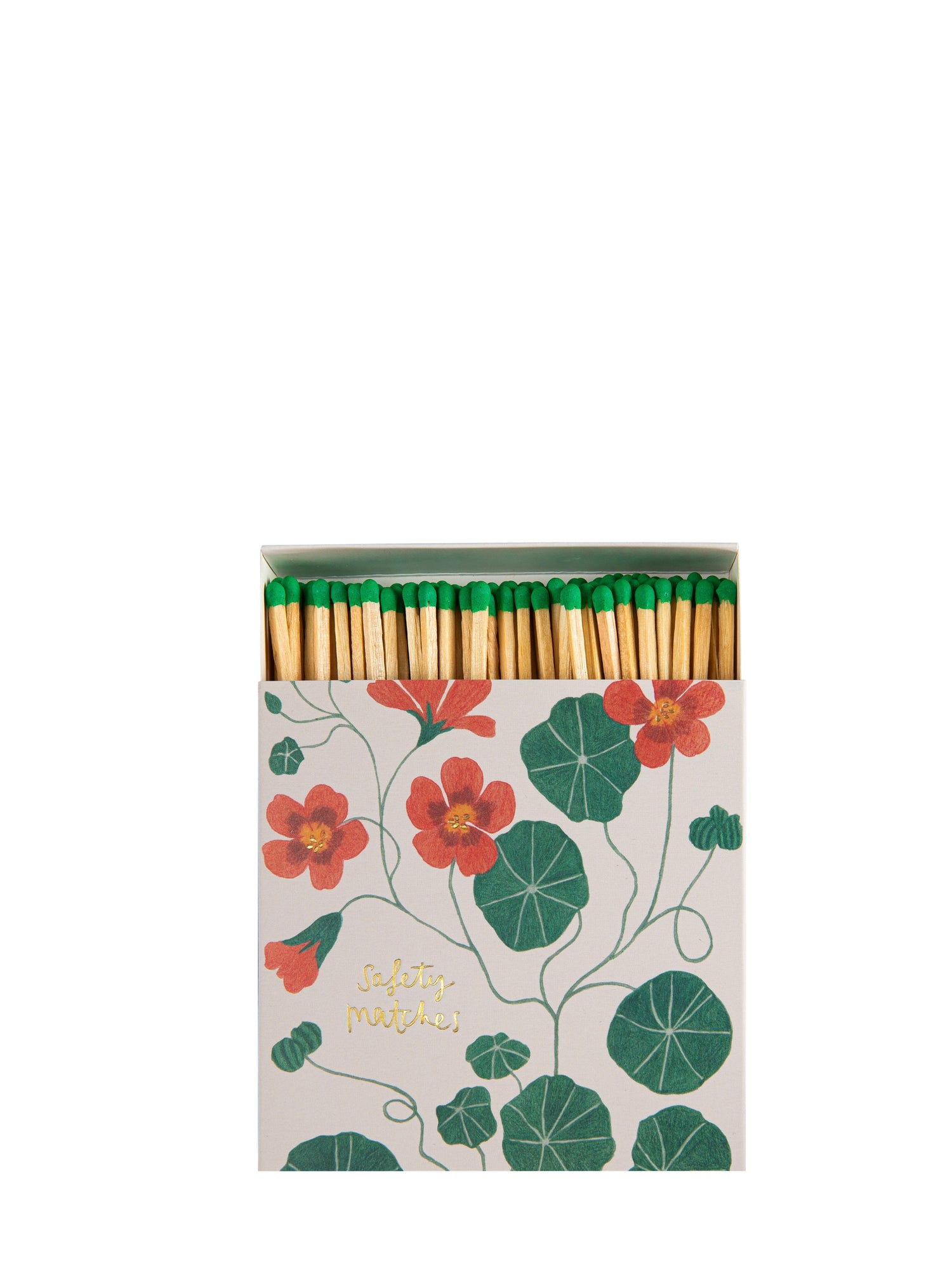Matches with floral design on the box against a white background