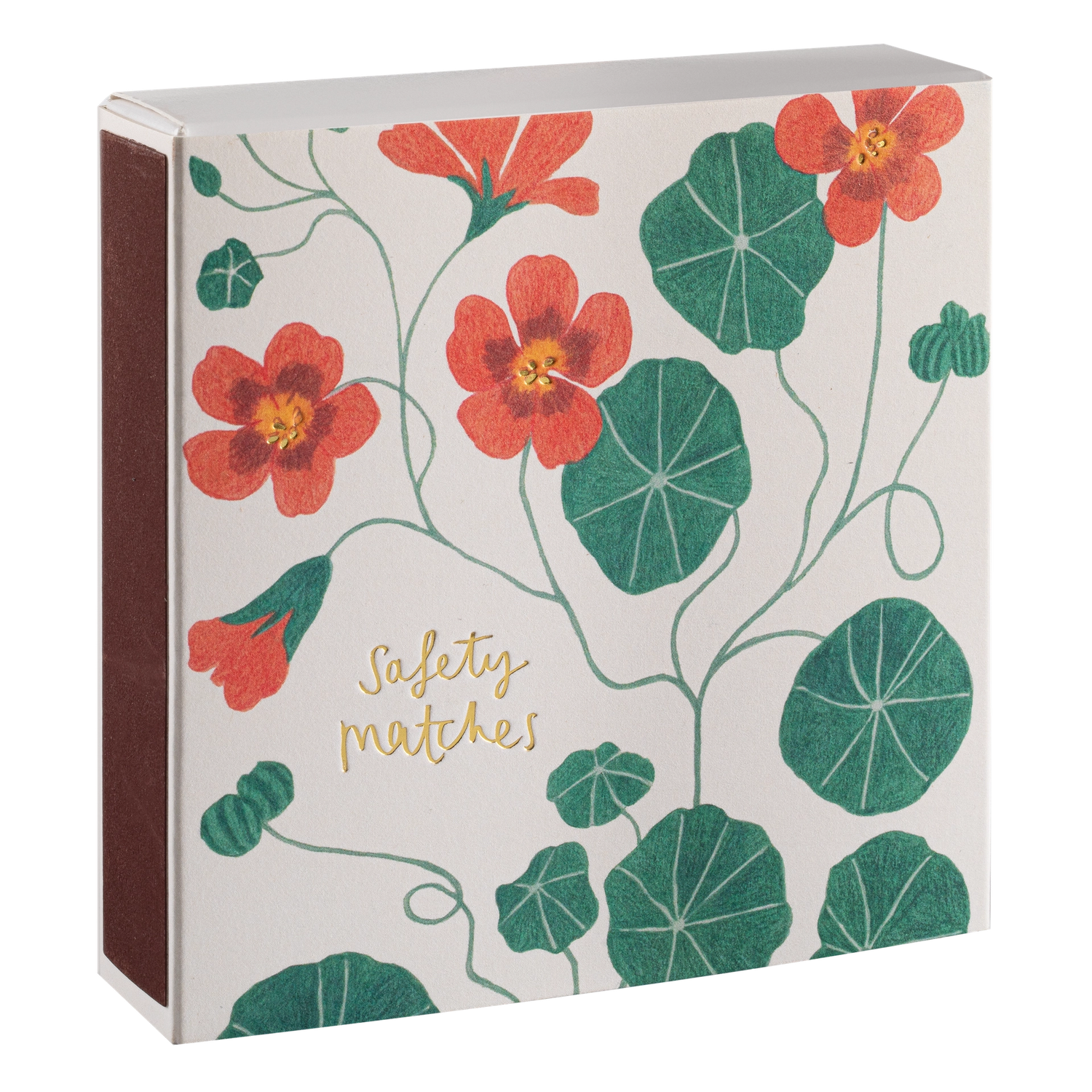 Matchbox with floral design and 'Safety Matches' text on a white background