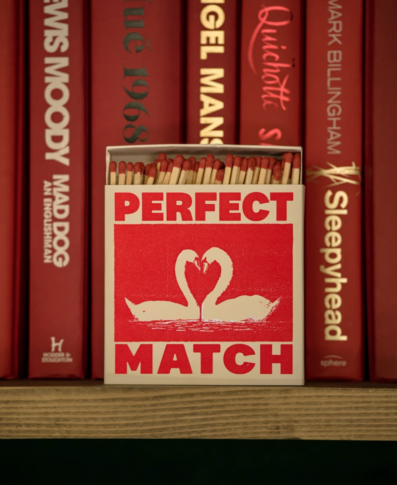 Matchbox labeled 'Perfect Match' with swan design on a shelf with books in the background