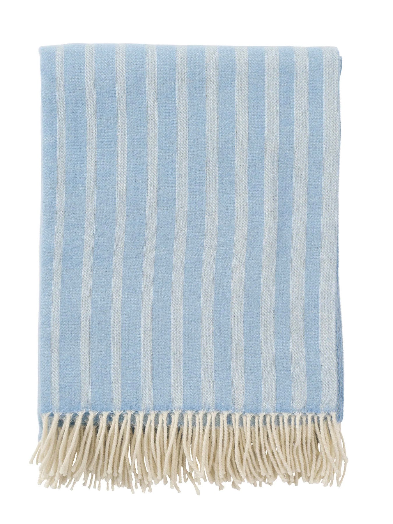 Striped blue and white blanket with fringes on a white background