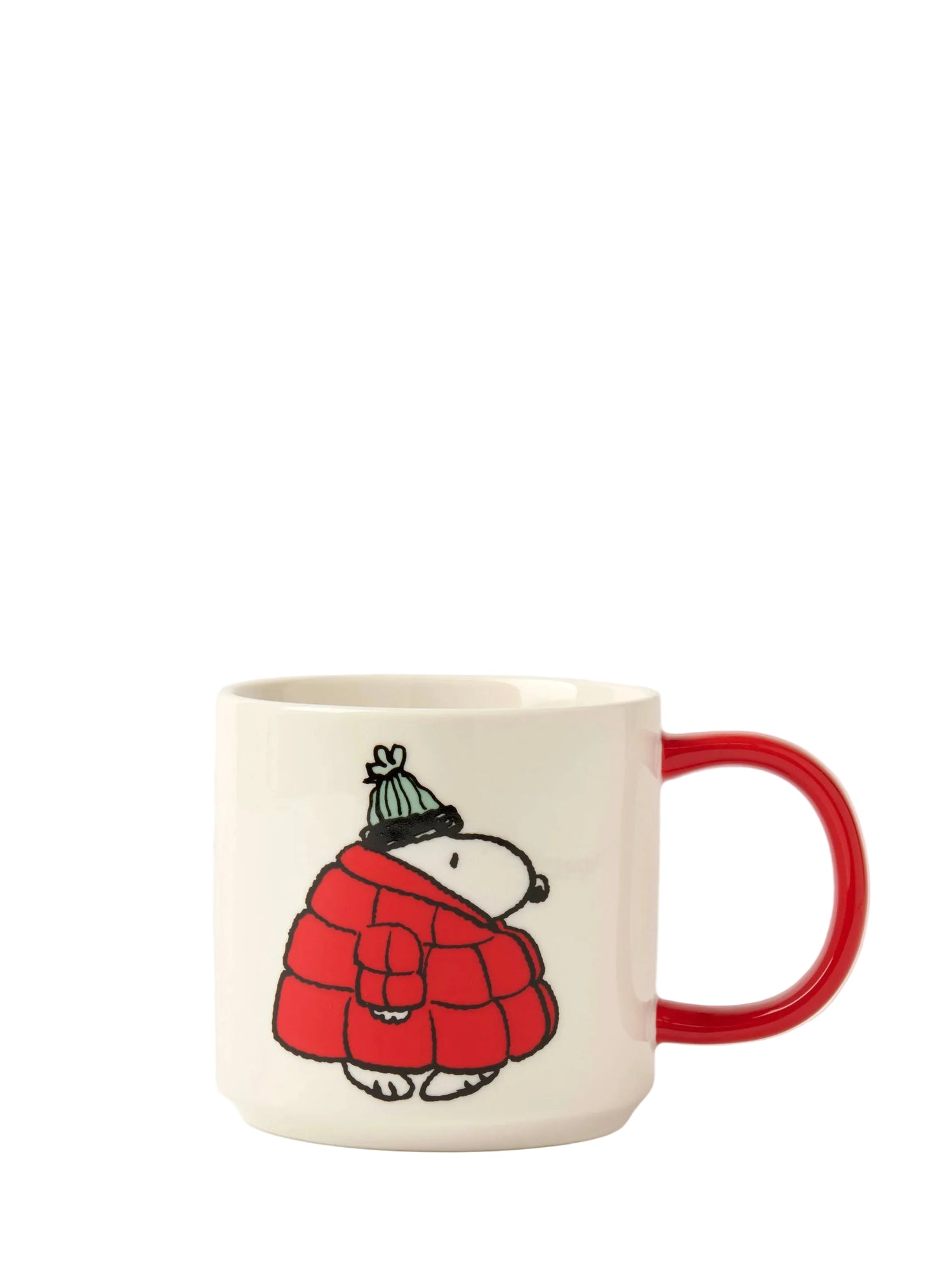 Mug with a cartoon snoopy dog wearing a red coat and green hat on a white background