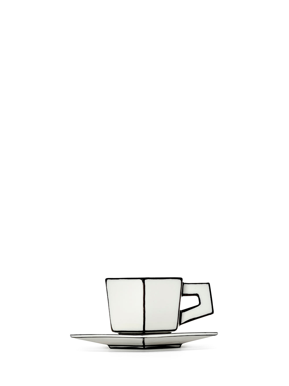 White ceramic espresso cup and saucer with black trim on a white background
