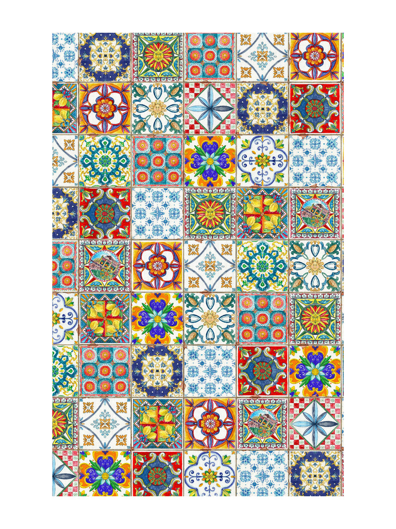 Colorful patterned tiles arranged in a grid on a white background
