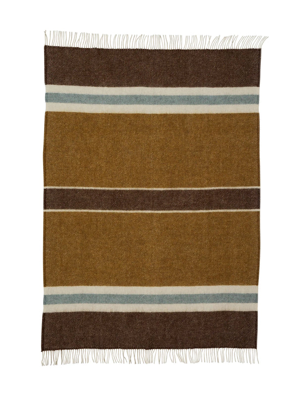 Striped and fringed Gotland wool blanket with brown, beige, and murky blue colors from Klippan Yllefabrik on a white background