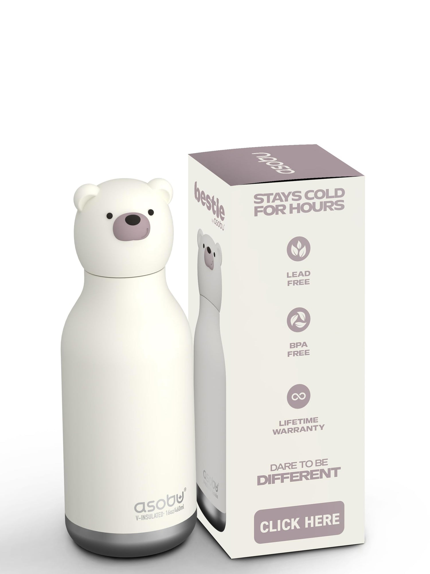 White insulated bottle shaped like a bear with packaging on a white background