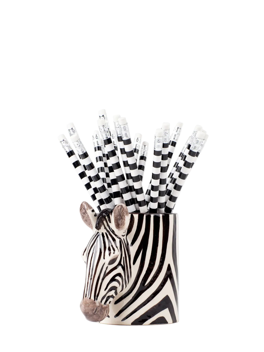Zebra-themed pen holder with checkered pens on a white background
