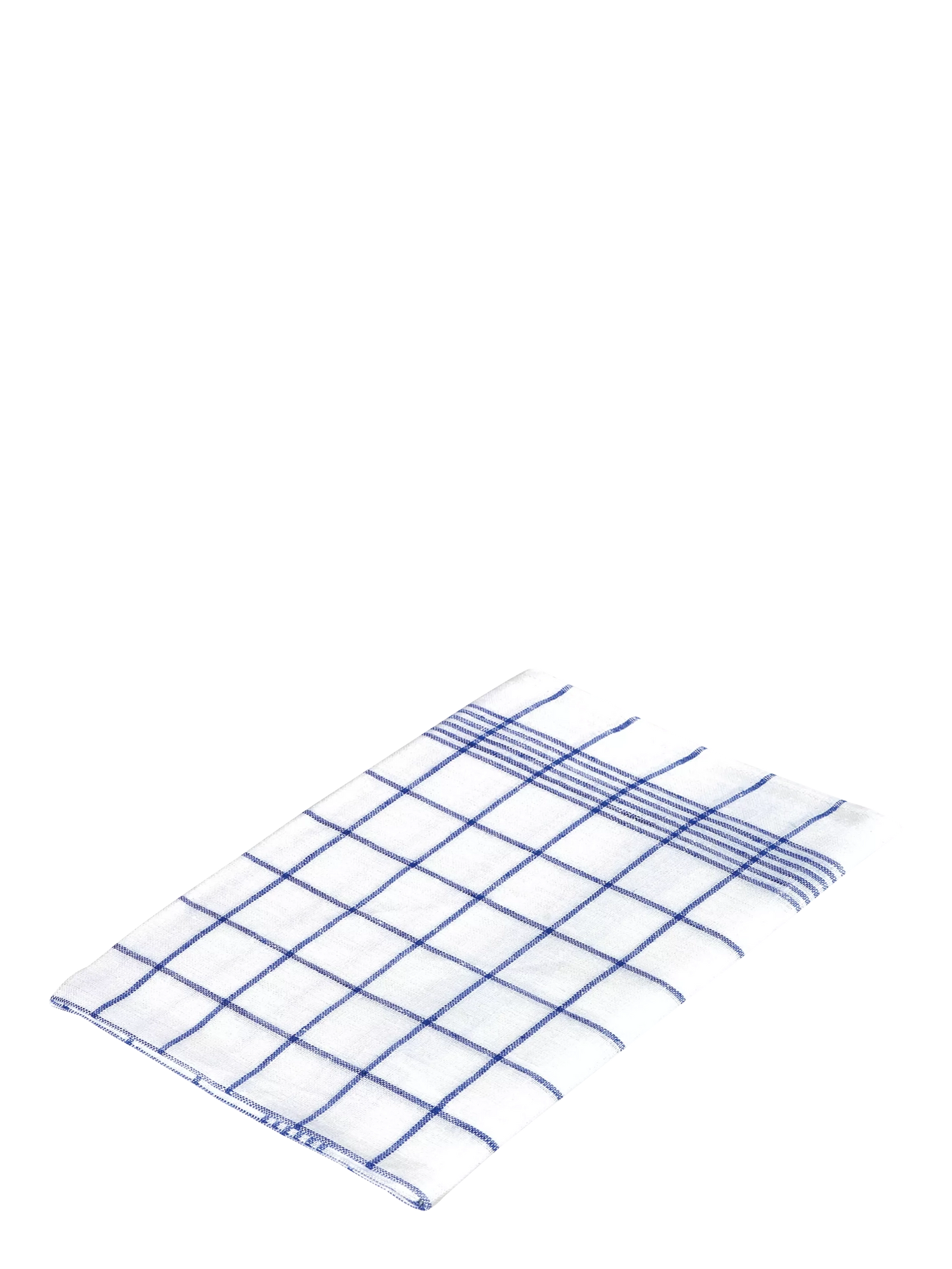 White tea towel with blue grid pattern on a white background