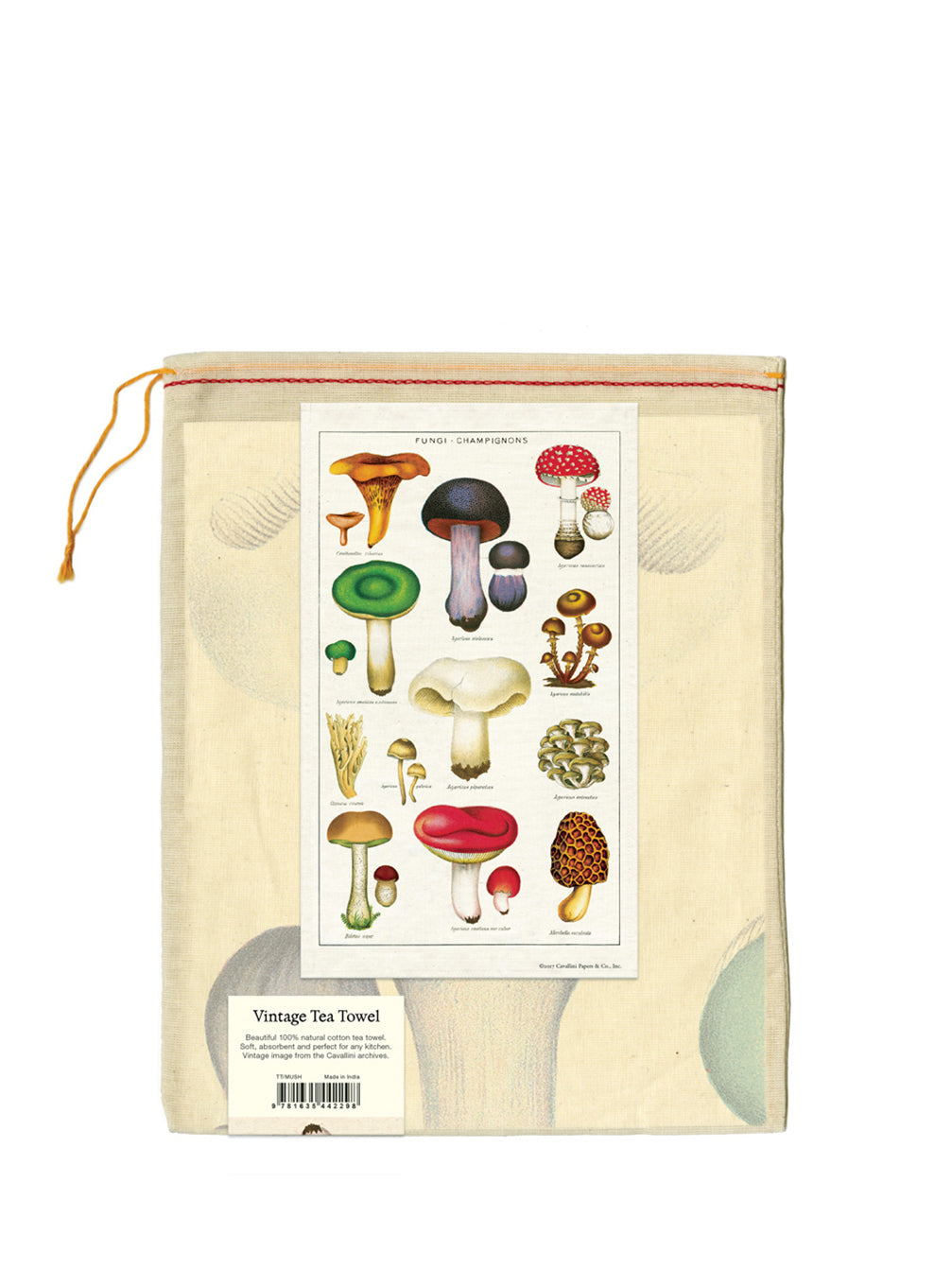 Tea towel with mushroom illustrations on a white background