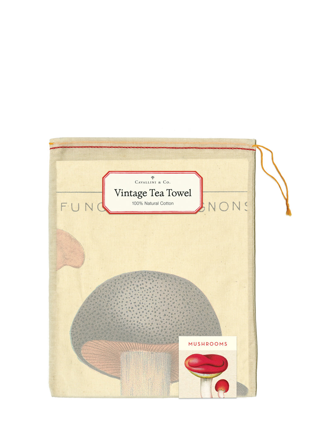 Vintage tea towel packaging with mushroom design on a white background