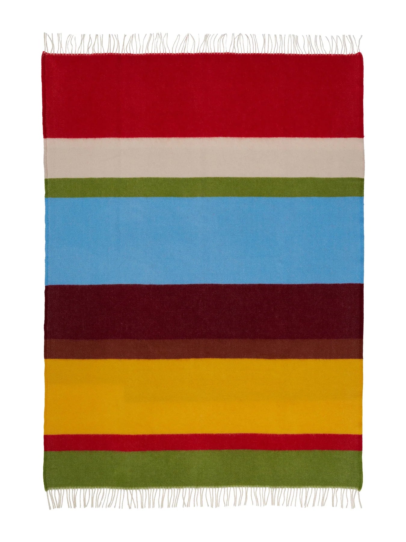 Multicolored striped blanket with fringes on a white background