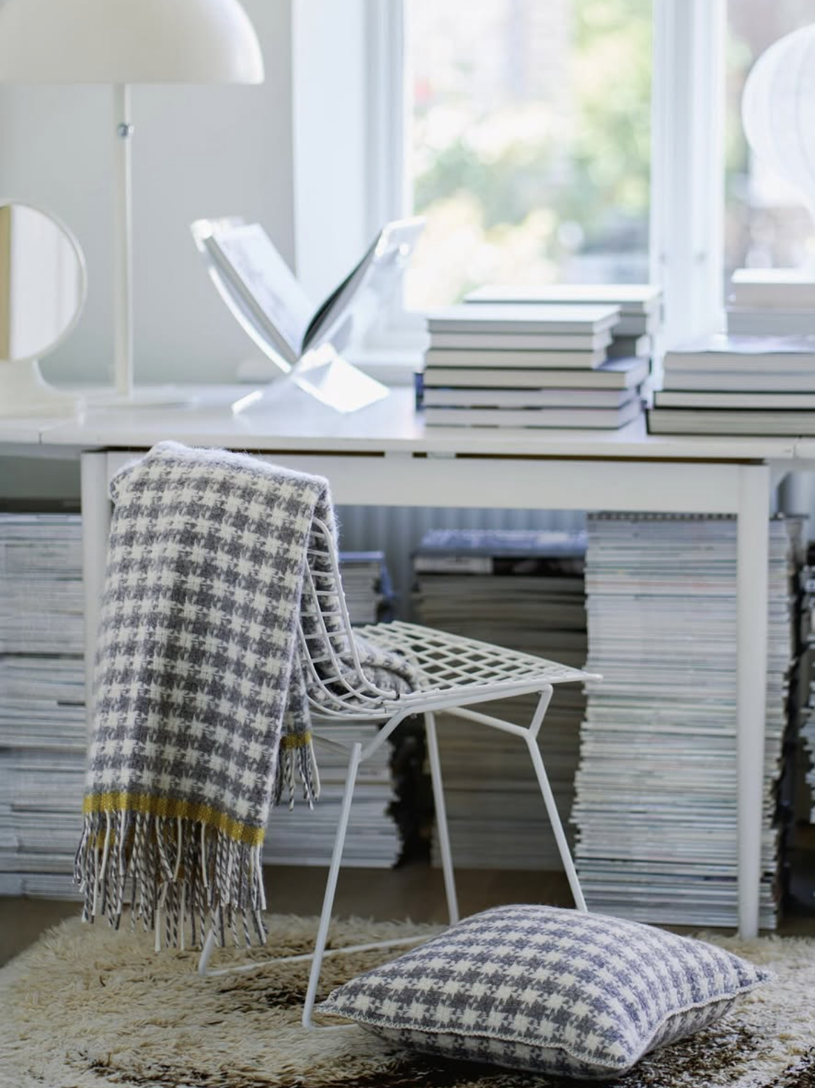 Dogtooth wool throw, grey-white-yellow