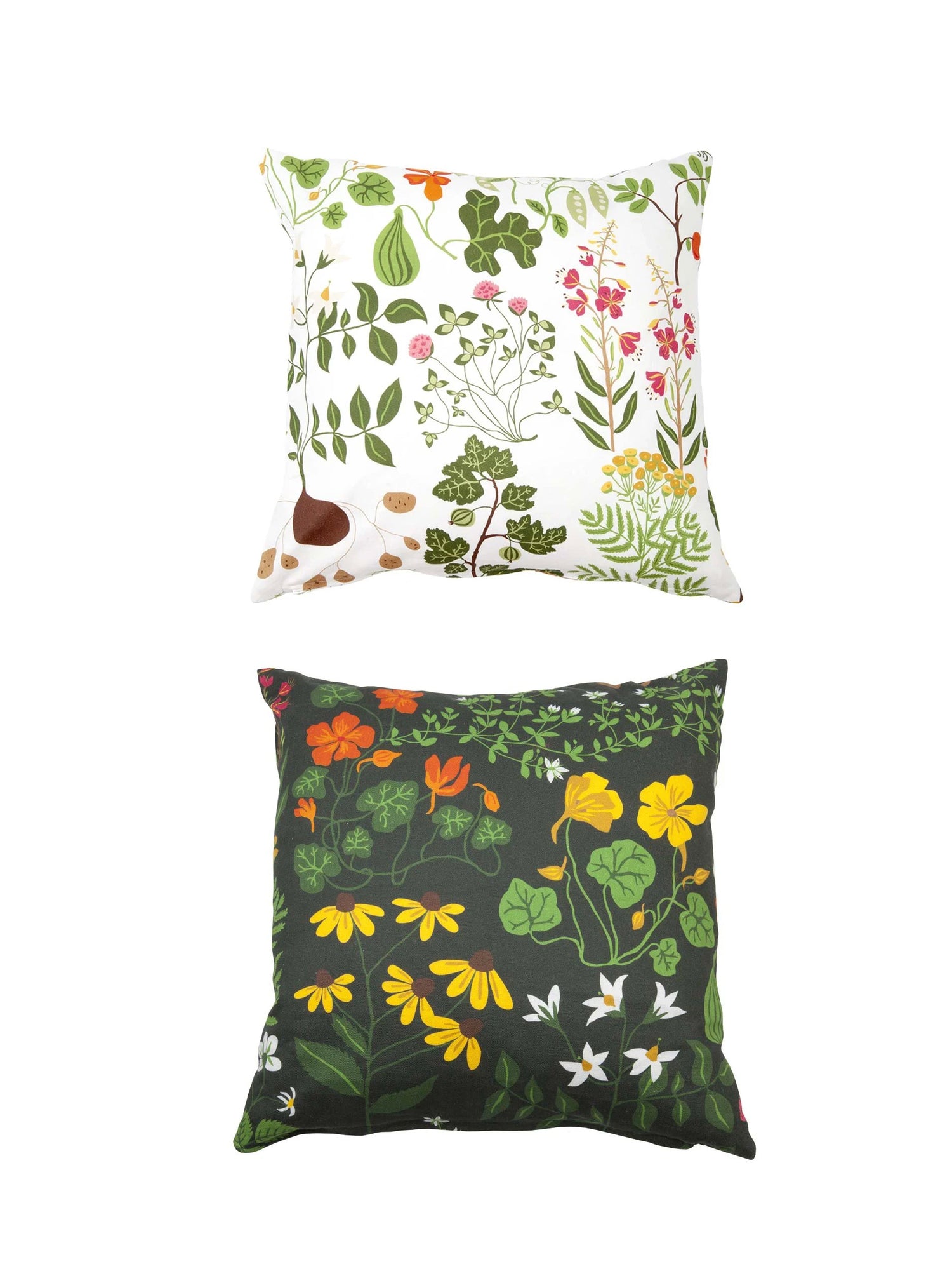 Two floral-patterned pillows on a white background
