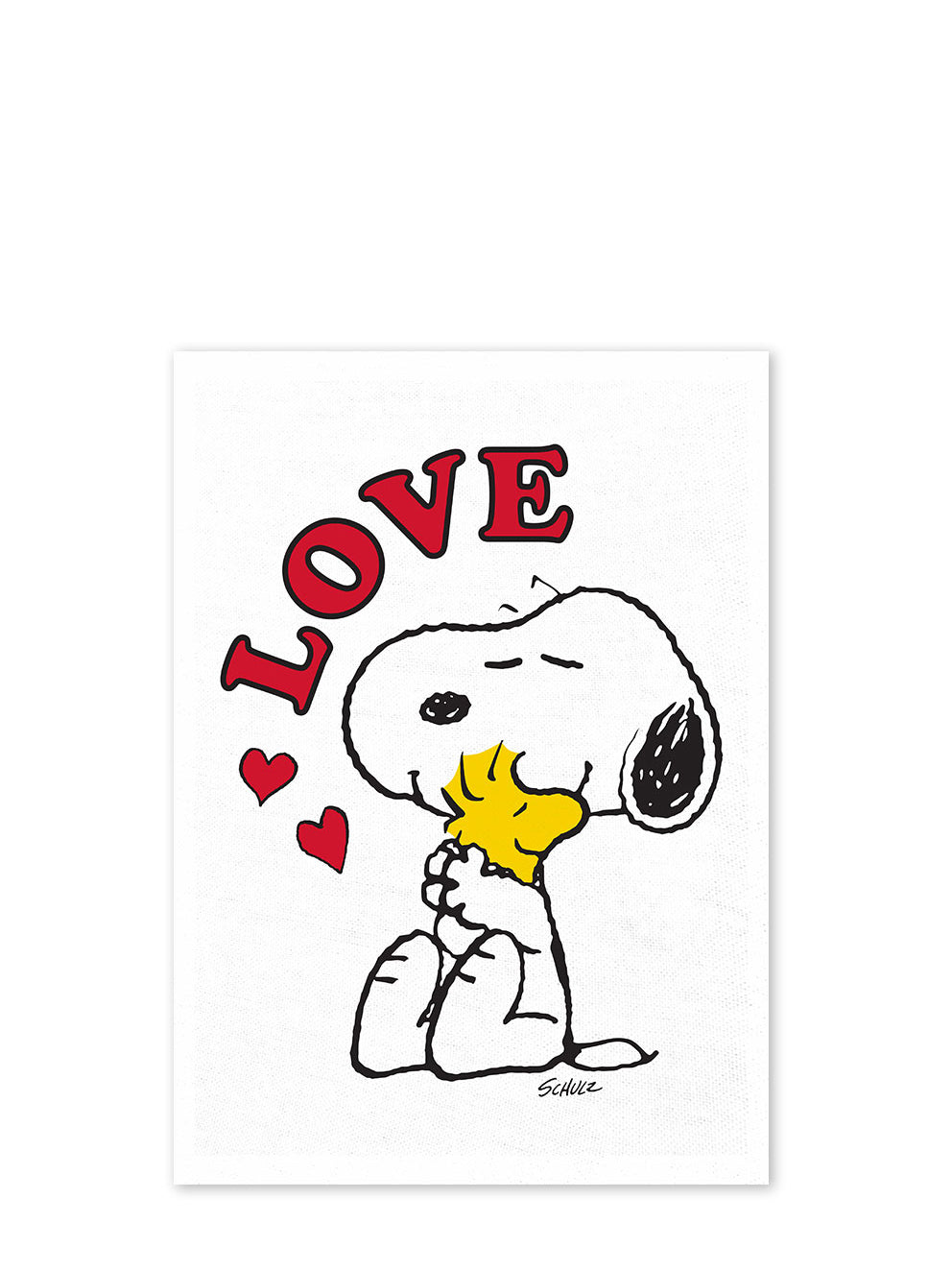 Cartoon character Snoopy holding Woodstock near to his heart with 'LOVE' text on a white background