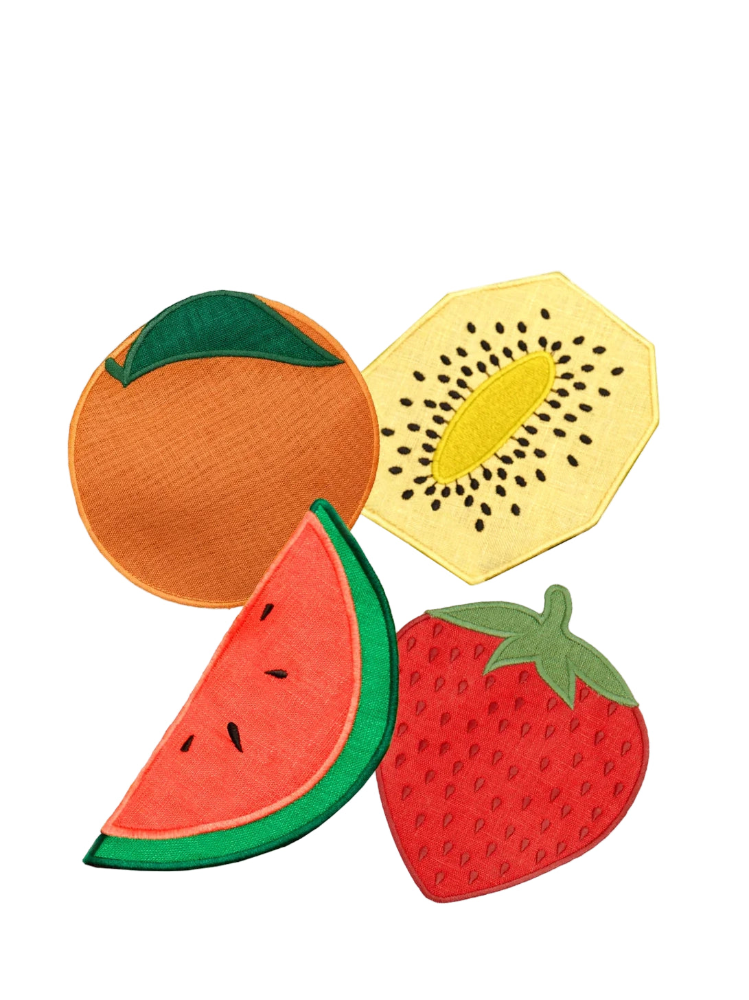 Set of colorful fruit-shaped coasters on a white background