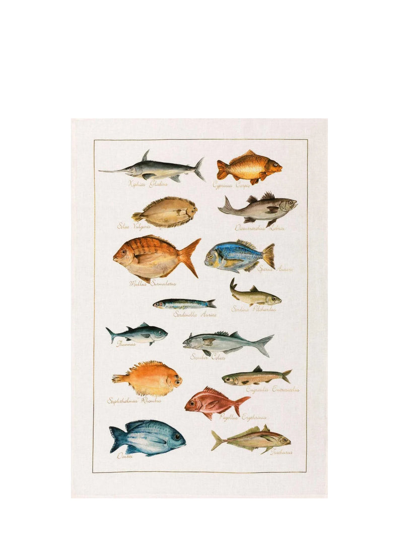 Linen tea towel featuring printed fish species 
