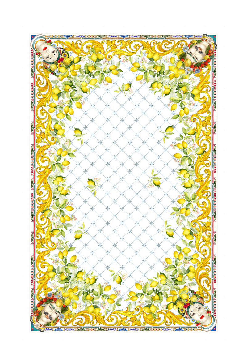 Tablecloth with a border featuring lemons, Moor heads, and intricate patterns 