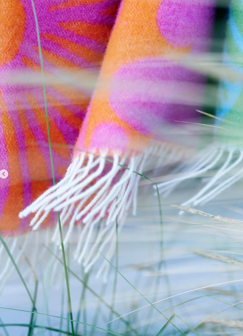 Colorful blanket with fringe on a grassy background