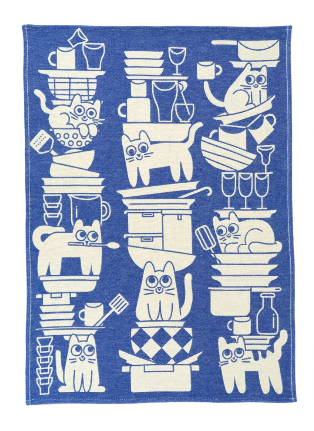 A blue and white kitchen towel with a pattern of various cats interacting with kitchenware.