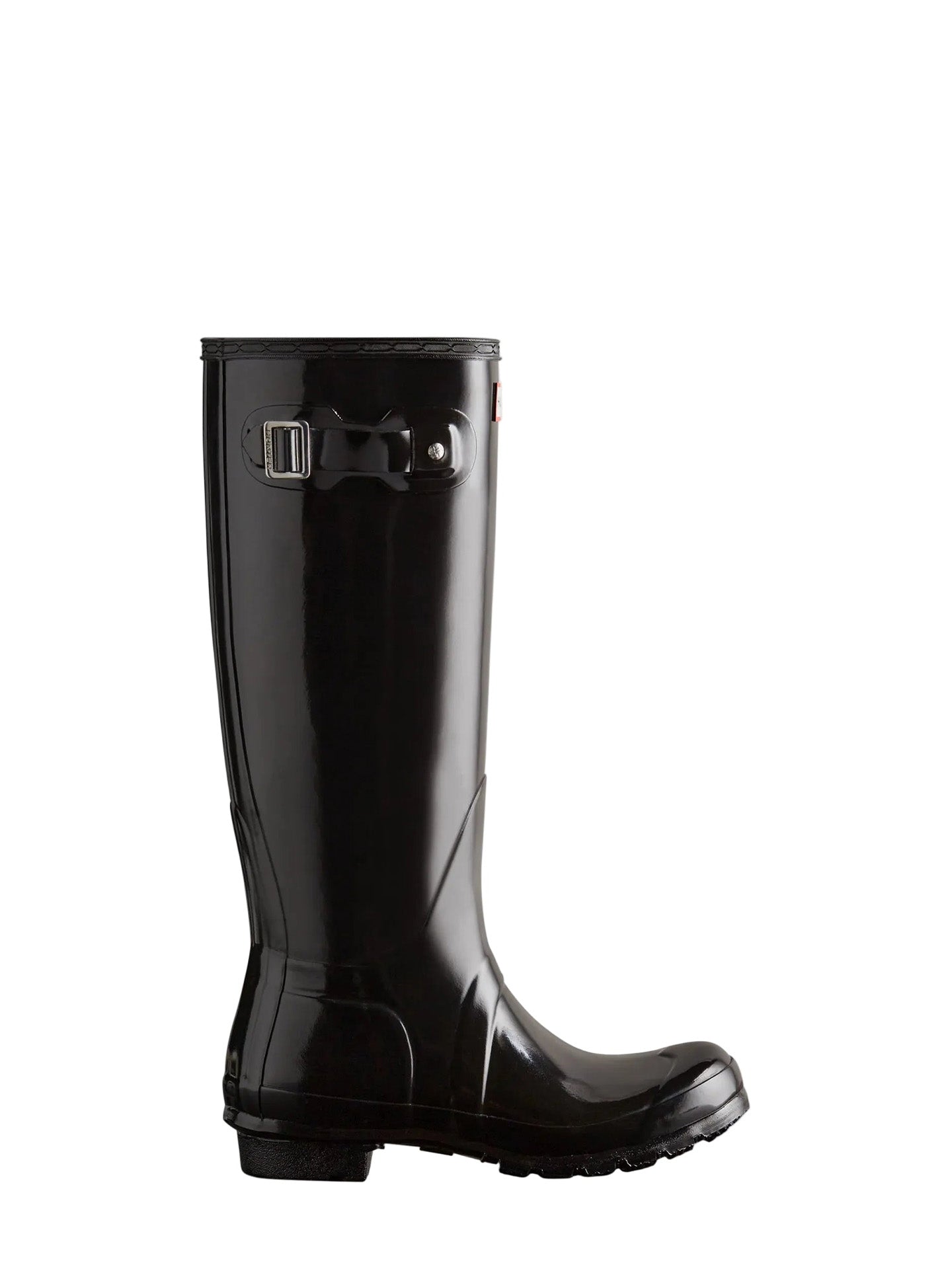 Tall black glossy rain boot with adjustable buckle on a white background