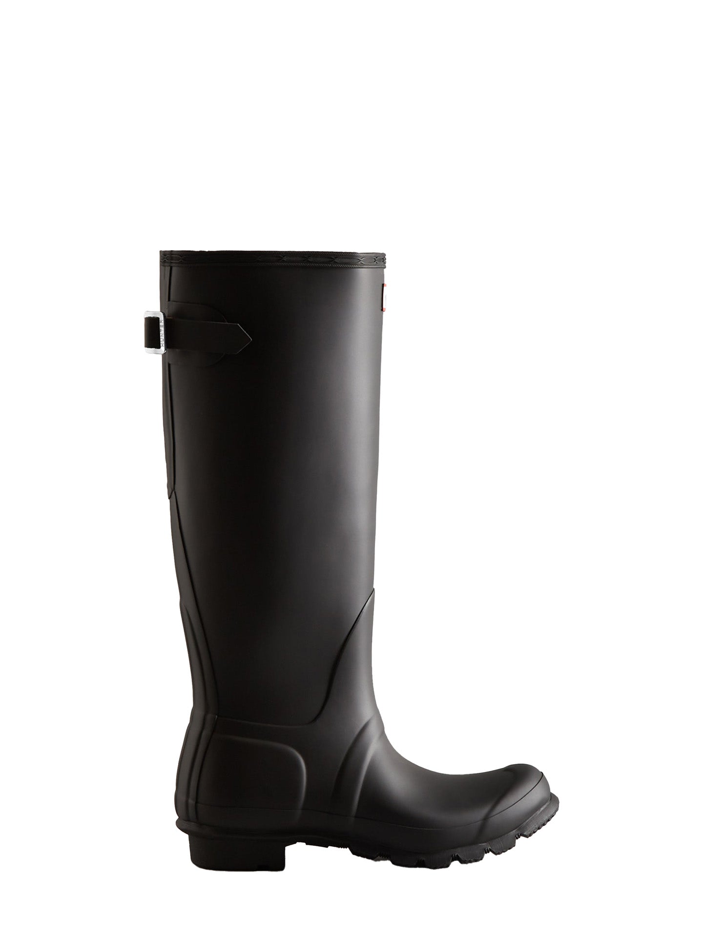 Tall black rain boot by Hunter is knee-lenght